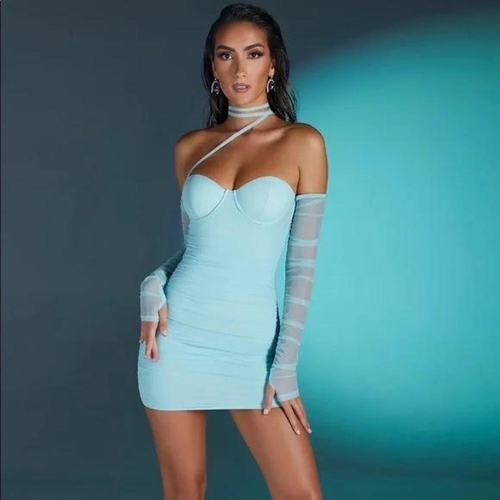 Elegant Light Blue Strapless Mini Dress